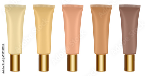 Set of nude beige tubes. 3d mockup. Shades of natural beige color. Concealer or foundation. Salve or ointment. Gold cap. Plastic bottle