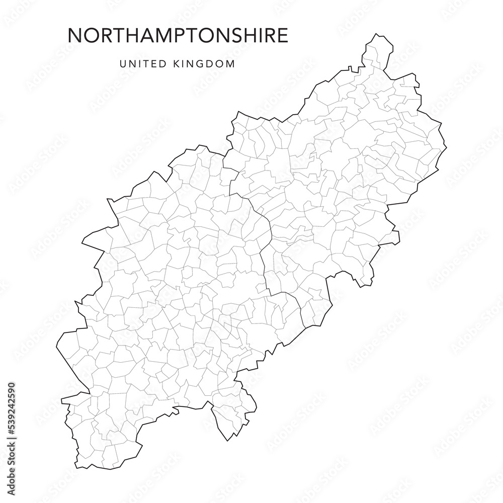 Administrative Map of Northamptonshire with County, Unitary Authorities and Civil Parishes as of 2022 - United Kingdom, England - Vector Map