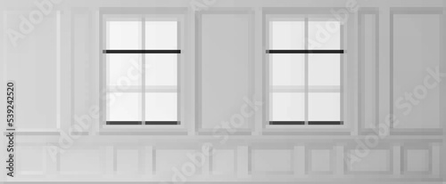 White wall with windows in luxury victorian style, empty vintage room interior, background with square and rectangular molding stucco panels. Home in ancient english style Realistic 3d vector mock up