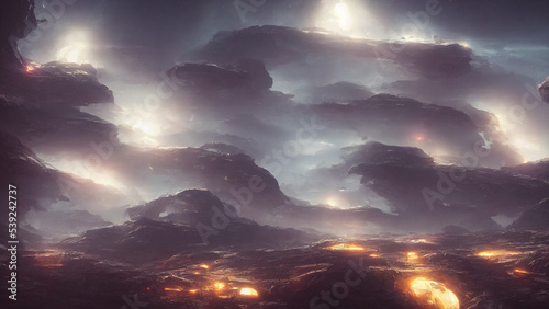 Alien landscape, a panorama of a surface of another planet. 3D render