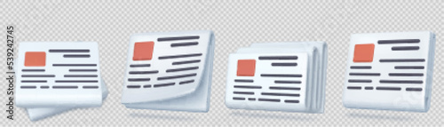 Daily newspaper, paper press with headline, article and picture frame. Folded sheets of journal, magazine, tabloid or gazzete isolated on transparent background, vector 3d illustration
