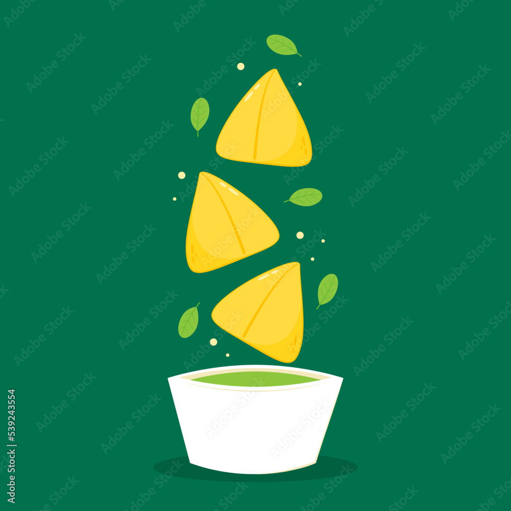 Samosa vector illustration. Samosa is indian food. Samosa with green