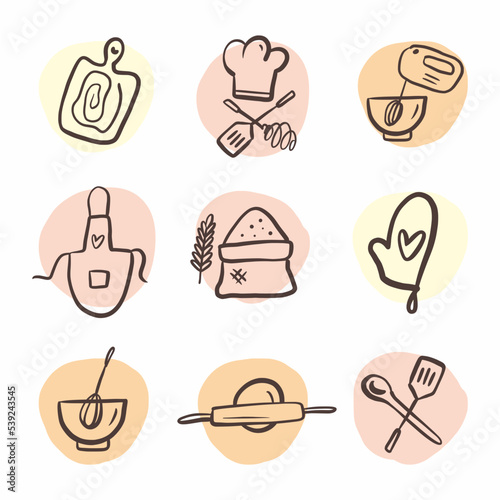 A collection of icons for bakeries and cooking with kitchen utensils hand-drawn in the style of a doodle.