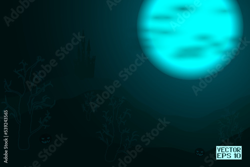 Black and Blue Halloween Festive Background. Haunted Castle on Mountain. Witches in the Moonlight Sky. Holiday Wallpapers. Vector. 3D Illustration