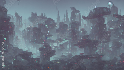 Alien city, a panorama of a surface of another planet. 3d render.