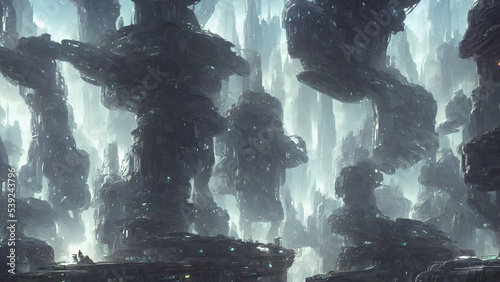 Alien city, a panorama of a surface of another planet. 3d render.