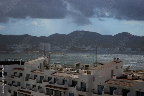 raining, sea, coast, bad weather, sant antoni, ibiza, mediterranean, ballears, ibiza, spain, pooring rain,  photo