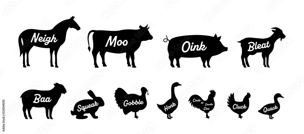 Set of farm animal silhouettes. Neigh, Moo, Oink, Bleat, Baa, Squeak ...