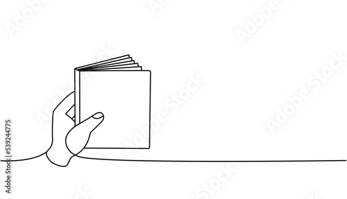 Hand with closed book one line continuous drawing. Bookstore, library continuous one line illustration. Vector minimalist linear illustration.