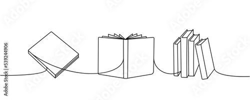 Set of books one line continuous drawing. Bookstore, library continuous one line illustration. Vector minimalist linear illustration.