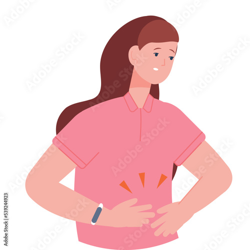 Stomach ache symptom. Woman suffer with abdominal pain