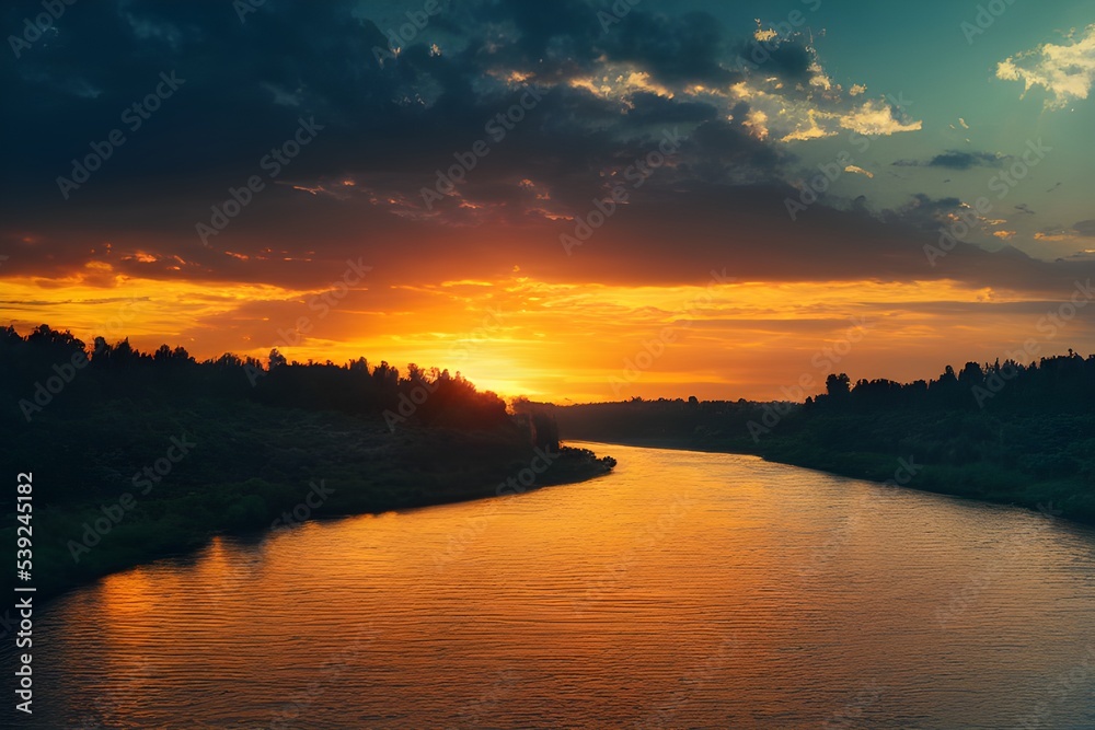 Fototapeta premium A beautiful and tranquil sunset over a river.