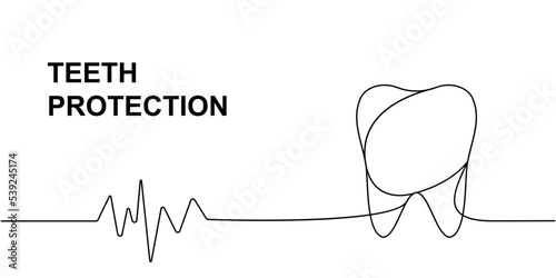 Human tooth with heart pulse one line continuous drawing. Human organ continuous one line illustration. Vector minimalist linear illustration.