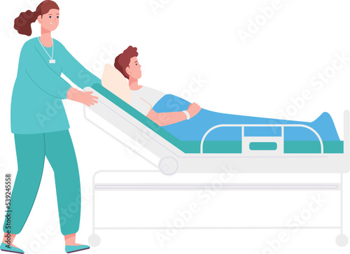 Nurse pushing hospital bed with lying man. Patient care