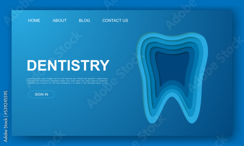 Tooth 3d paper cut style website template. Dentistry paper cut illustration. Stomatology symbol for landing page, advertising page.