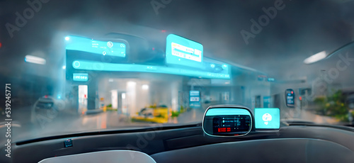  Diagnostic Auto in HUD style. Scan and Maintenance Automobile in 3D visualisation hologram. Hi-tech Car Service with HUD interface. Dashboard in auto service, diagnostic car, repairs cars