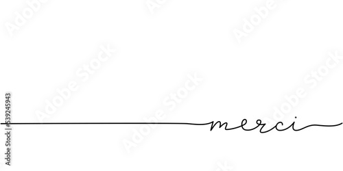 Merci word - continuous one line with word. Minimalistic drawing of phrase illustration.