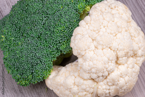 Texture of fresh broccoli and calliflower vegetables. Macro photography.