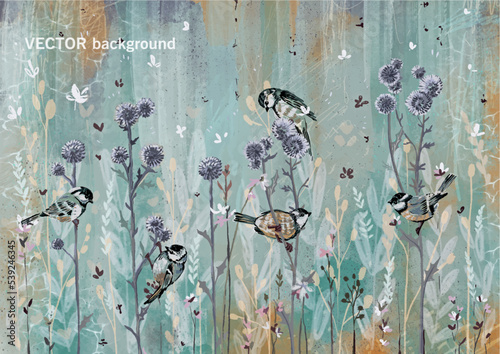 Abstract natural background in acrylic style with wild field flowers and little birds, vintage hand drawn illustration