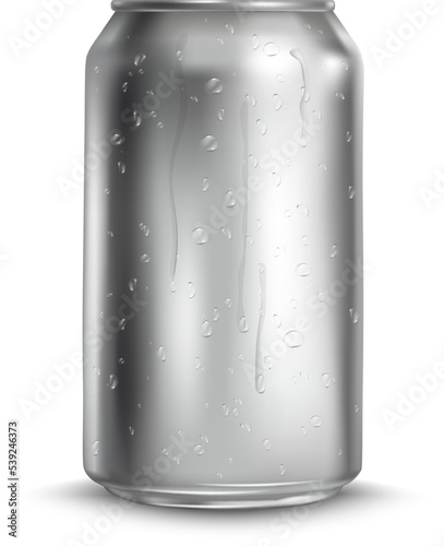 Tin can with realistic water droplets. Cold drink mockup