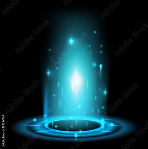 Blue shining portal ring. Magic particles glow