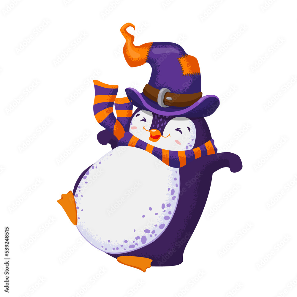 Halloween print with cute vector dancing penguin.Funny bird in a witch hat. All elements are isolated. Halloween print with cute vector dancing penguin.Funny bird in a witch hat. All elements are isolated.