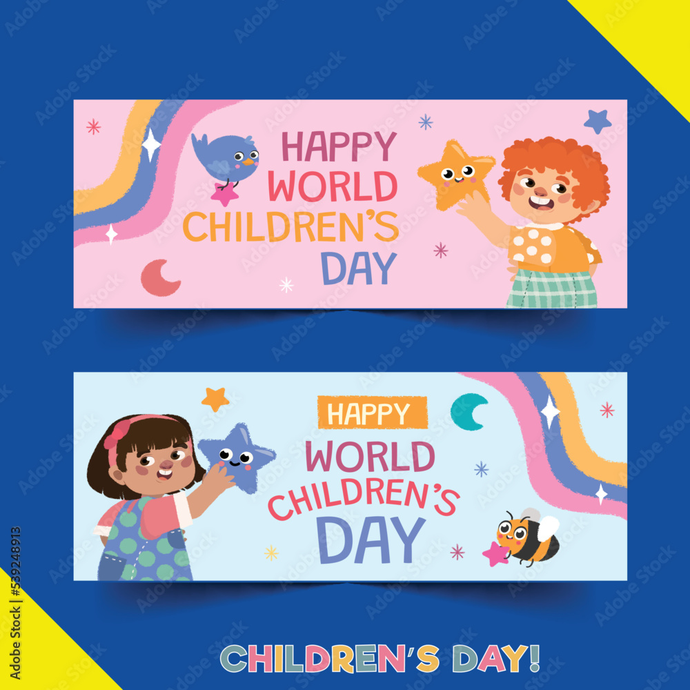 hand drawn flat world children s day horizontal banners set vector design illustration hand drawn flat world children s day horizontal banners set vector design illustration