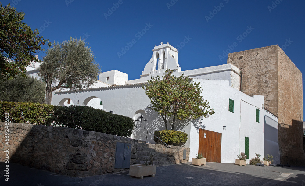 white church, local style, sant antoni, , ibiza, spain, balearic Islands, Mediterranean Sea,