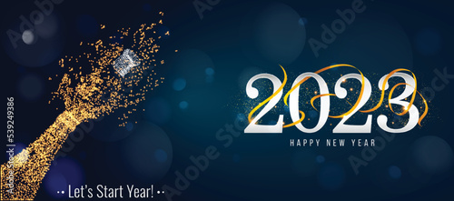 2023 New Year. 2023 Happy New Year greeting card. 2023 Happy New Year background isolated on transparent background. 2023 Happy New Year background with gold glitter champagne bottle.