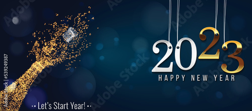 2023 New Year. 2023 Happy New Year greeting card. 2023 Happy New Year background isolated on transparent background. 2023 Happy New Year background with gold glitter champagne bottle.