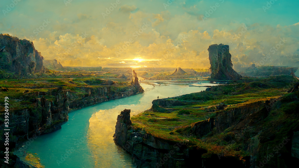 Modern, futuristic landscape with cliff and water  