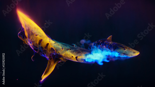 Fotografie A wondrous blue shark blazes with bright fire on the deep bottom , 3D render