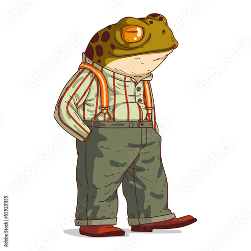 An Urban Guy, isolated vector illustration. Dressed frog person. A toad with a human body in a casual retro outfit on white background. Drawn sticker. Calm animal character watching something.