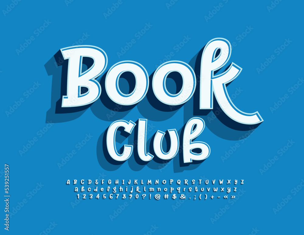 Vector artistic Sign Book Club. Stylish handwritten Font. Bright 3D Alphabet Letters, Numbers and Symbols