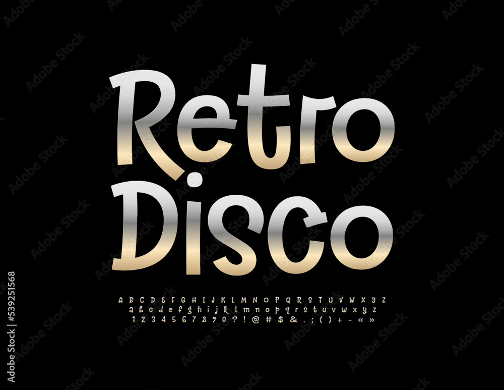 Vector fancy flyer Retro Disco. Silver shiny Font. Metal Alphabet Letters, Numbers and Symbols set Vector fancy flyer Retro Disco. Silver shiny Font. Metal Alphabet Letters, Numbers and Symbols set