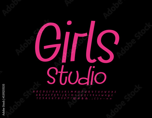 Vector stylish logo Girls Studio with Slim handwritten Font. Elegant Pink Alphabet Letters, Numbers and Symbols