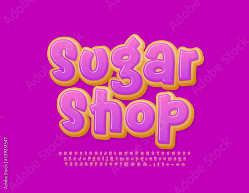 Vector business logo Sugar Shop. Lilac glazed Alphabet Letters, Numbers and Symbols set. Sweet donut Font