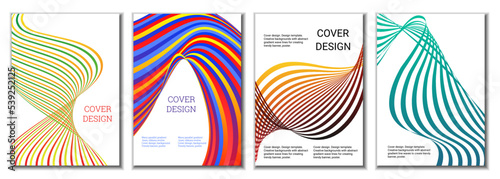 A set of 4 abstract covers. Wavy parallel gradient lines, ribbons evolve. Cover design, background. Trendy banner, poster.