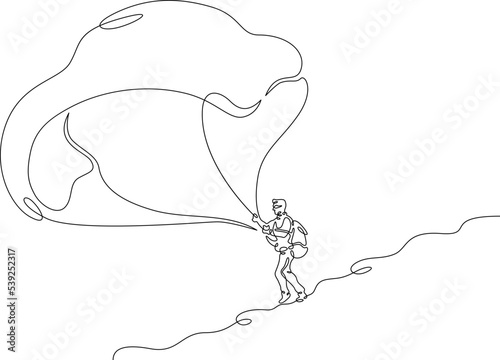 One continuous line. Paraglider with a paraglider. Extreme sport. Paraglider before takeoff. Paragliding wing. Parapleneism. One continuous line is drawn on a white background.