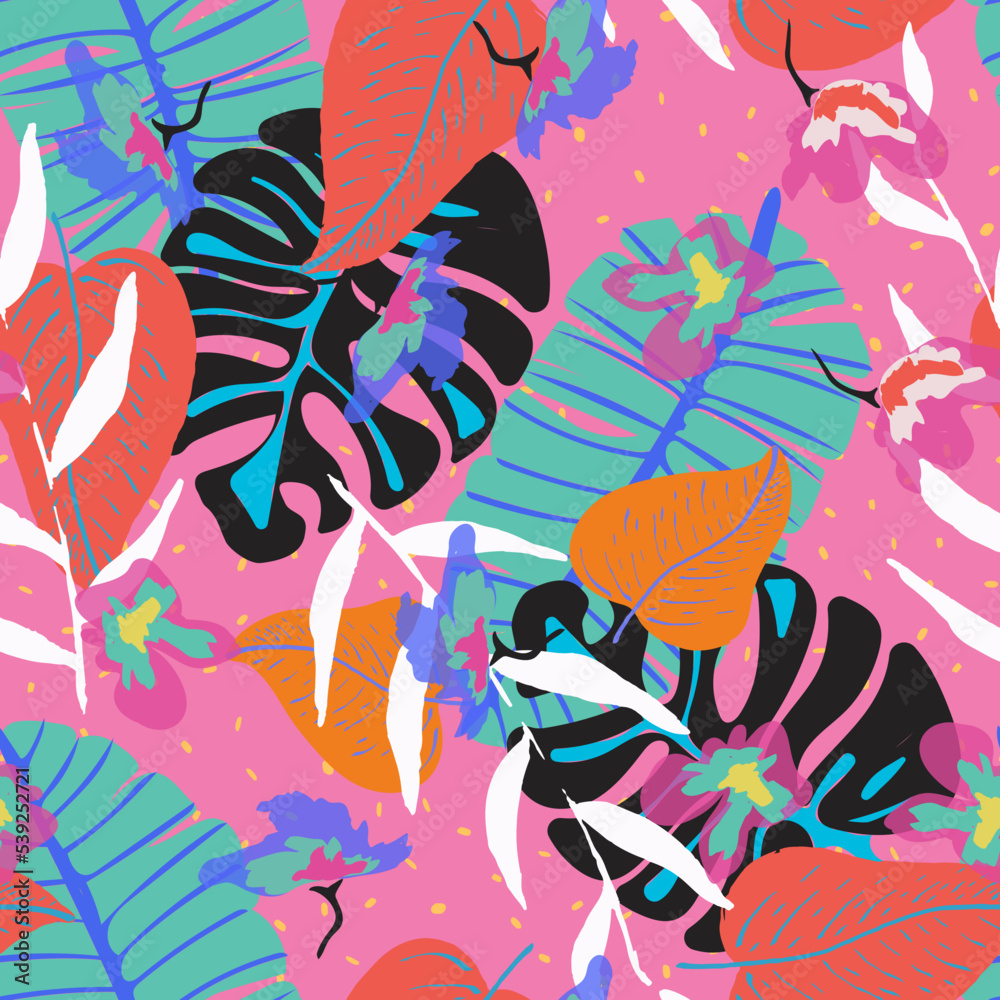 Colours Monstera Exotic Vector Seamless Pattern.