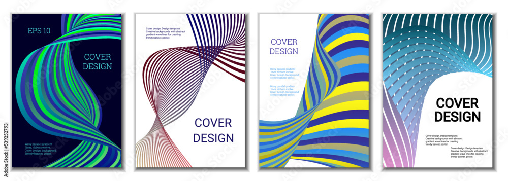 A set of 4 abstract covers. Wavy parallel gradient lines, ribbons evolve. Cover design, background. Trendy banner, poster. A set of 4 abstract covers. Wavy parallel gradient lines, ribbons evolve. Cover design, background. Trendy banner, poster.