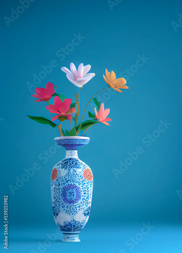 Multicolor flower bouquet on blue background, Chinese vase, 3d illustration