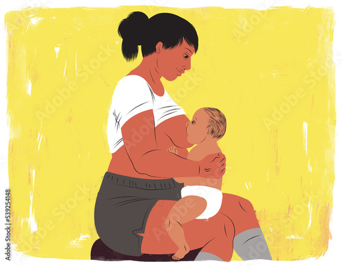 Canvas Print Mother breastfeeding her baby using the koala hold