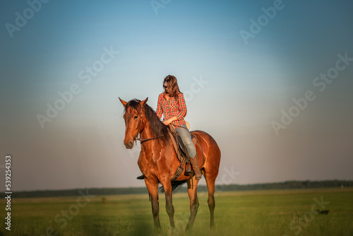 Young beautiful dark-haired girl on a horse. There is artistic noise.