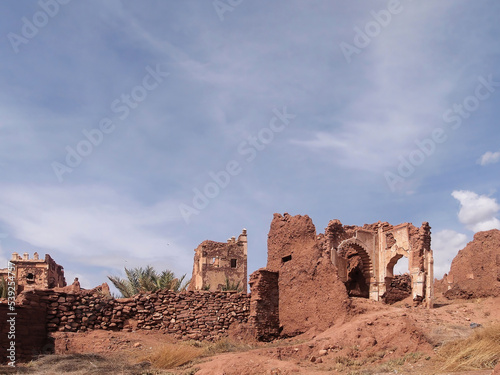 View of Kasbah Telouet (Ruins of Glaoui) with the sky in the background, Telouet, near Ouarzazate, Morocco
