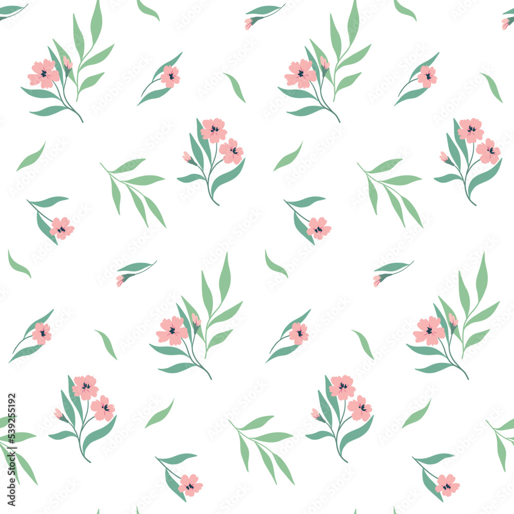 Seamless floral pattern, gentle ditsy print with abstract botanical composition on a white background. Cute flower design from delicate hand drawn plants: small pink flowers, leaves. Vector image. Seamless floral pattern, gentle ditsy print with abstract botanical composition on a white background. Cute flower design from delicate hand drawn plants: small pink flowers, leaves. Vector image.