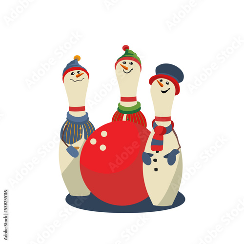 Cute bowling pins flat color vector icon. Comic pin in snowman costume cartoon. Festive season holidays bowling club party design element. Christmas New year event celebration background illustration