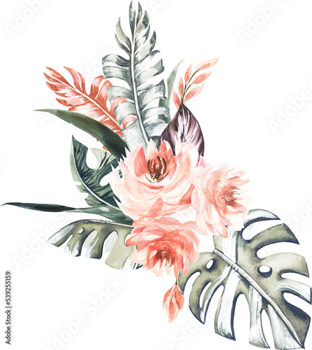 Watercolor Tropical Foliage Banana Tree Coconut Tree Roses Tropical Flowers Orange Bouquets Frames for Wedding Invitations Cards