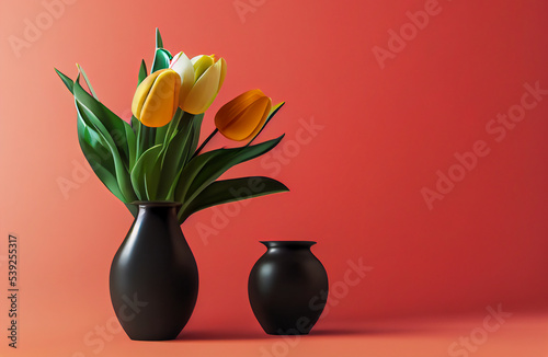 Yellow tulip bouquet  flowers in a black vase  3d illustration