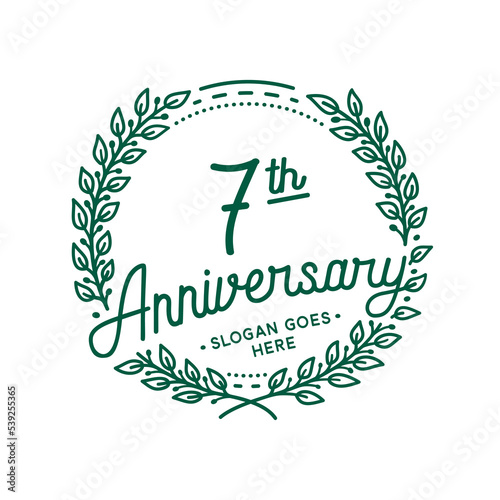 7 years anniversary design template. 7th anniversary celebration hand drawn logotype. Vector illustration.